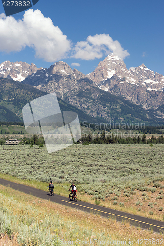 Image of Cyclist Ride Bicycles Down a Path Grand Tetons