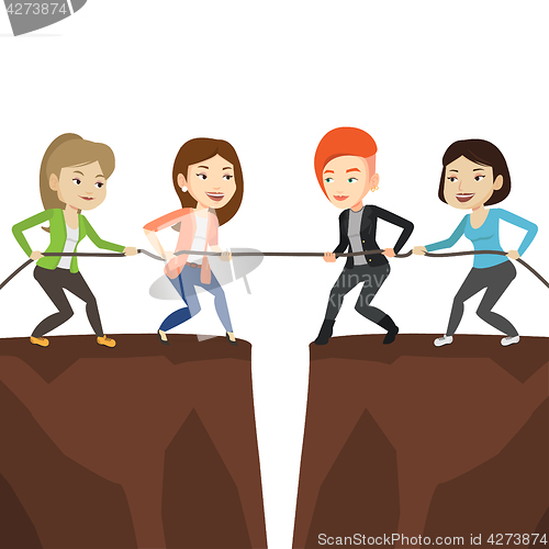 Image of Two groups of business people pulling rope.