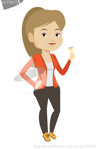 Image of Woman holding razor in hand vector illustration.