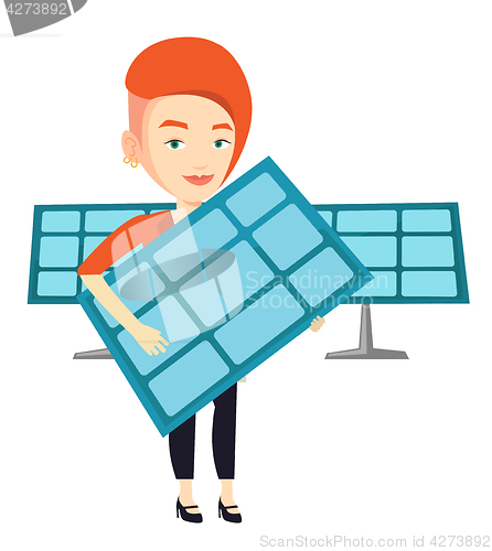 Image of Woman holding solar panel vector illustration.