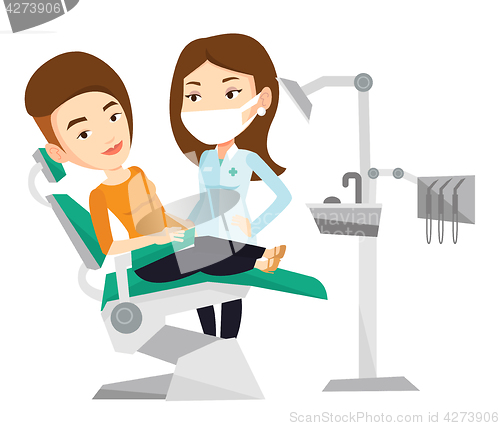 Image of Patient and doctor at dentist office.