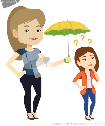 Image of Businesswoman holding umbrella over young woman.