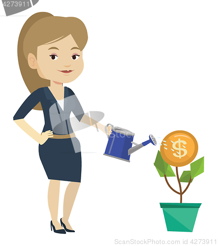 Image of Business woman watering money flower.
