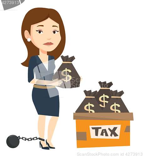 Image of Chained woman with bags full of taxes.