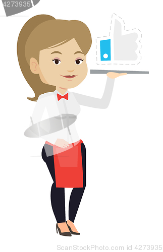 Image of Waitress with like button vector illustration.