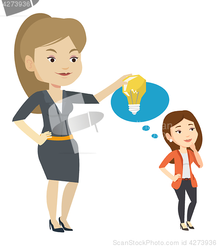 Image of Business woman giving idea bulb to her partner.