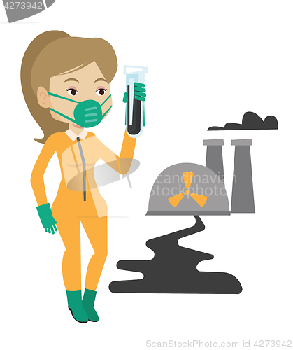 Image of Woman in radiation protective suit with test tube.