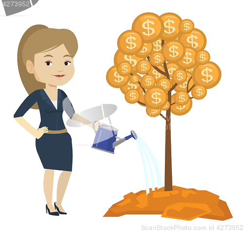 Image of Woman watering money tree vector illustration.