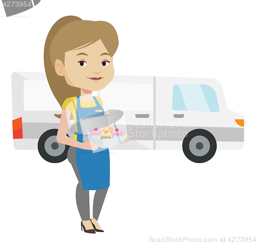 Image of Baker delivering cakes vector illustration.