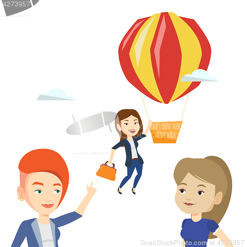 Image of Business woman hanging on balloon.