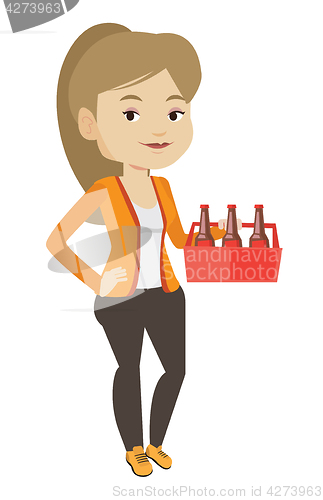 Image of Woman with pack of beer vector illustration.
