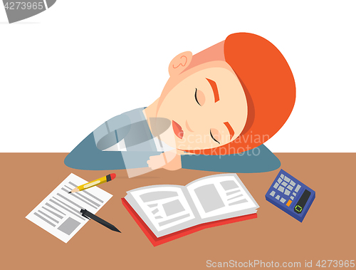 Image of Female student sleeping at the desk with book.