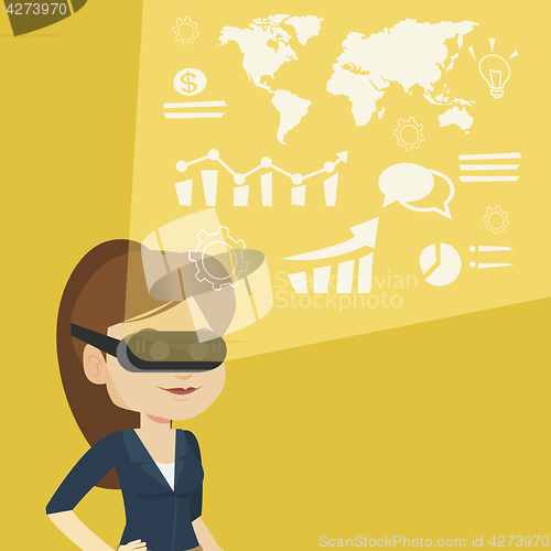 Image of Businesswoman in vr headset analyzing virtual data