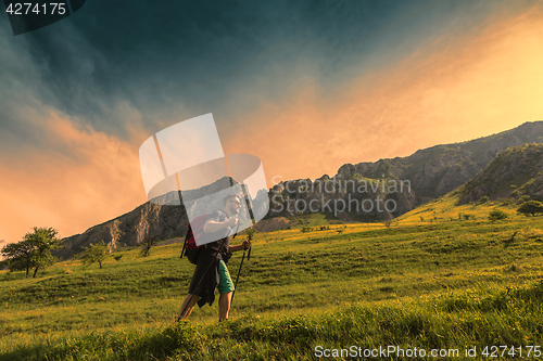 Image of Man Hiking in Green Mountains