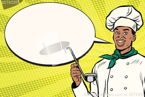 Image of African chef with ladle cartoon bubble