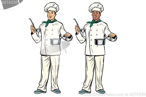 Image of Caucasian and African chef with ladle and cooking pot
