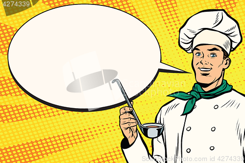 Image of Caucasian chef with ladle for cooking, comic bubble
