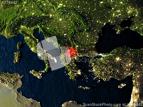 Image of Macedonia in red from space at night