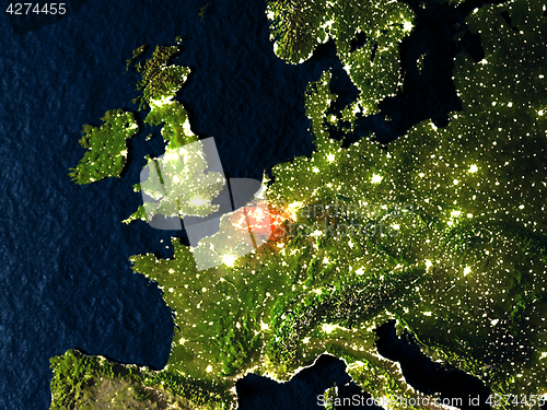 Image of Belgium in red from space at night