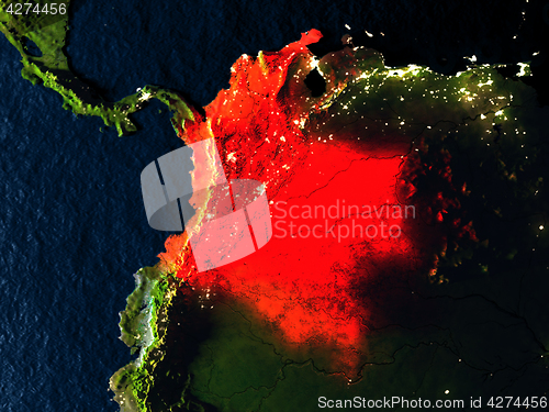 Image of Colombia in red from space at night