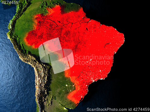 Image of Brazil in red from space at night