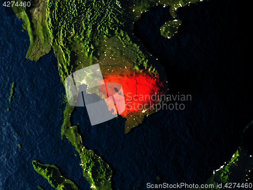 Image of Cambodia in red from space at night