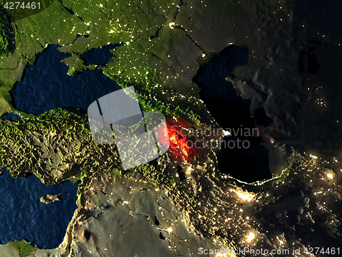 Image of Armenia in red from space at night