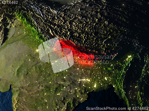 Image of Nepal in red from space at night