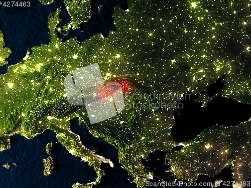 Image of Slovakia in red from space at night