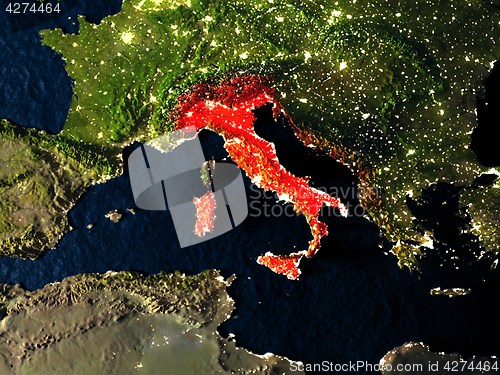 Image of Italy in red from space at night