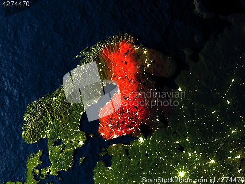 Image of Finland in red from space at night