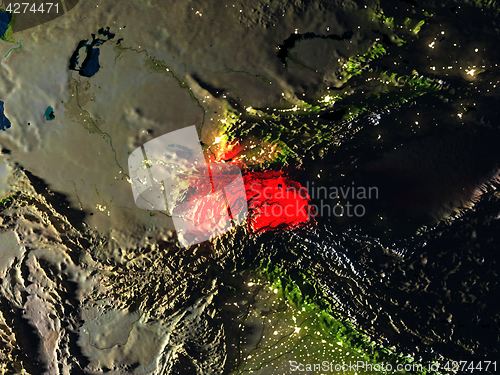 Image of Tajikistan in red from space at night