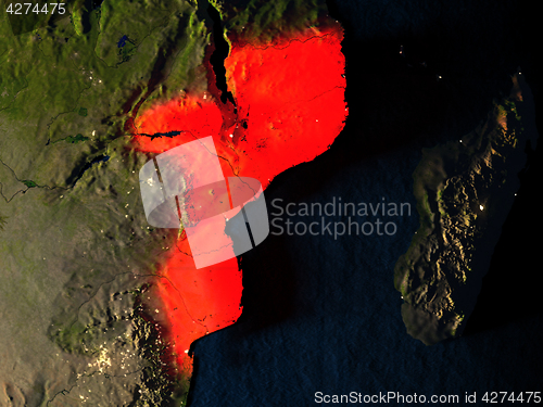 Image of Mozambique in red from space at night