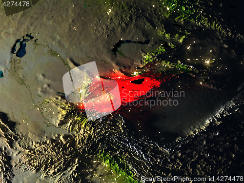 Image of Kyrgyzstan in red from space at night
