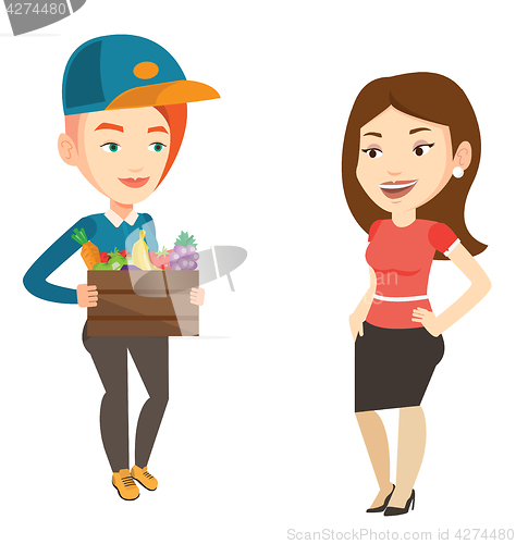 Image of Delivery courier delivering groceries to customer.