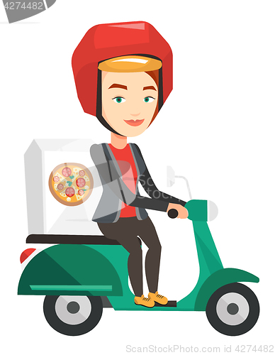 Image of Woman delivering pizza on scooter.