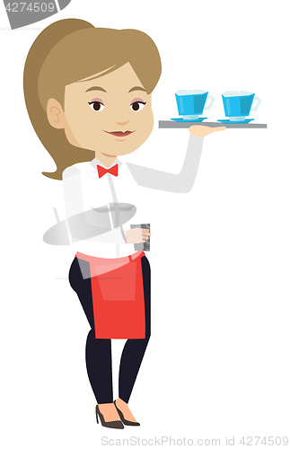 Image of Waitress holding tray with cups of coffeee or tea.