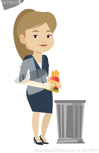 Image of Woman throwing junk food vector illustration.