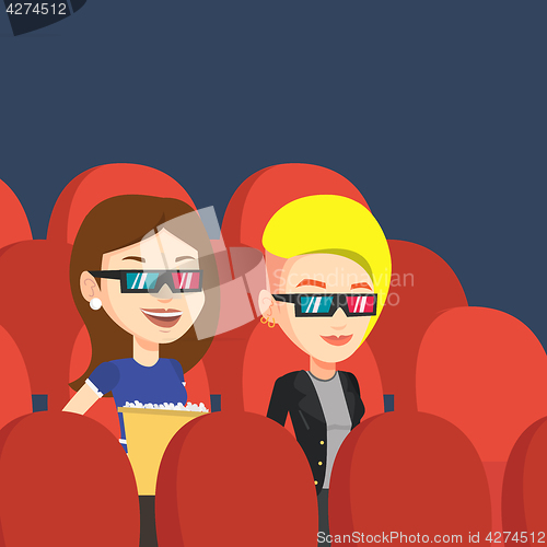 Image of Happy friends watching 3D movie in the theatre.