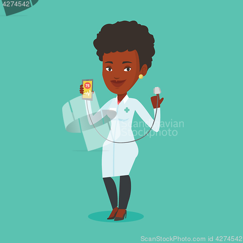 Image of Doctor showing app for measuring heart pulse.