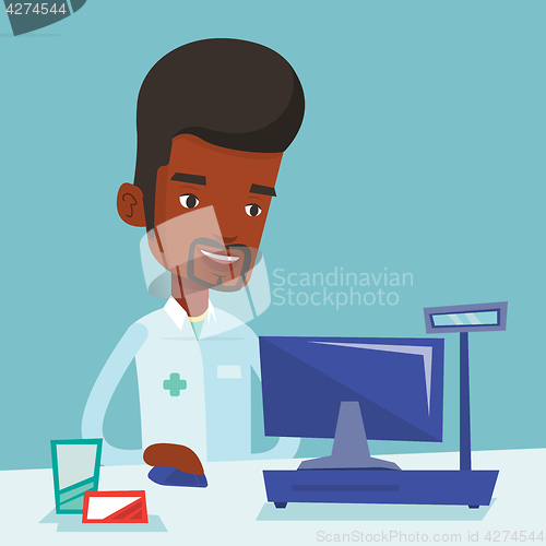 Image of Pharmacist at counter with cash box.