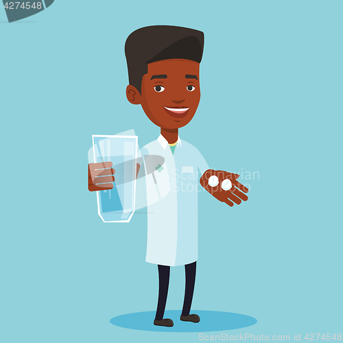 Image of Pharmacist giving pills and glass of water.