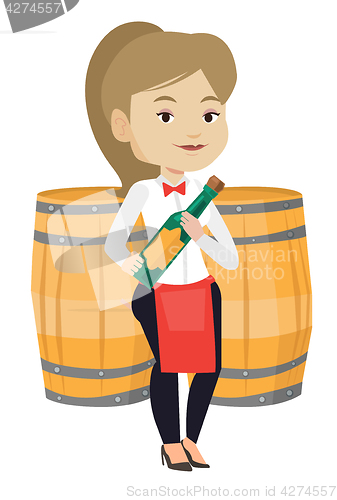 Image of Waitress holding bottle of alcohol.