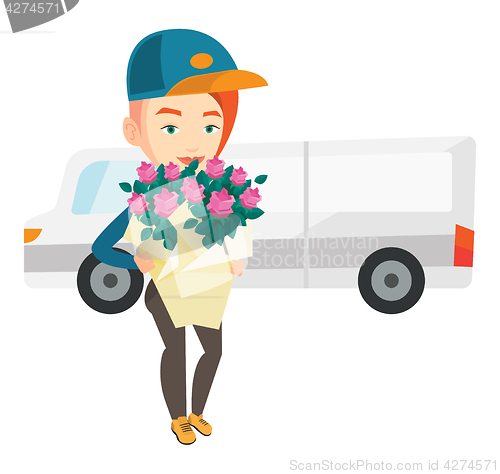 Image of Delivery courier holding bouquet of flowers.