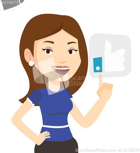 Image of Woman pressing like button vector illustration.