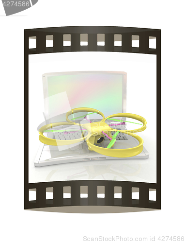 Image of Drone and laptop. 3D render. The film strip