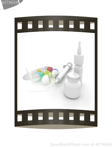 Image of Syringe, tablet, pill jar. 3D illustration. The film strip