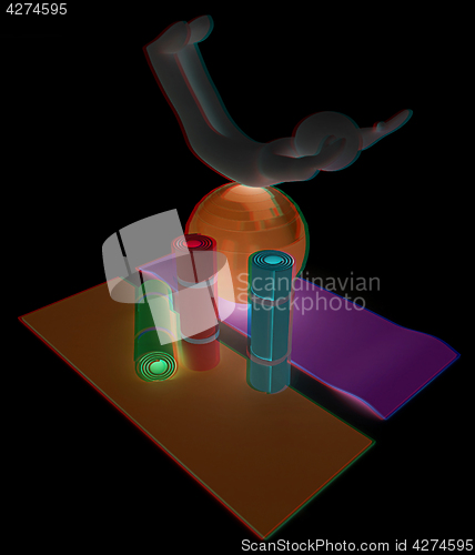 Image of 3d man on a karemat with fitness ball. 3D illustration. Anaglyph