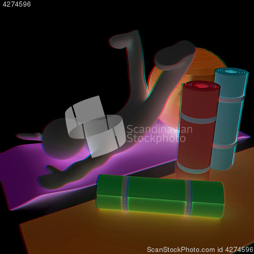 Image of 3d man on a karemat with fitness ball. 3D illustration. Anaglyph