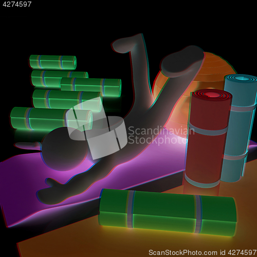 Image of 3d man on a karemat with fitness ball. 3D illustration. Anaglyph